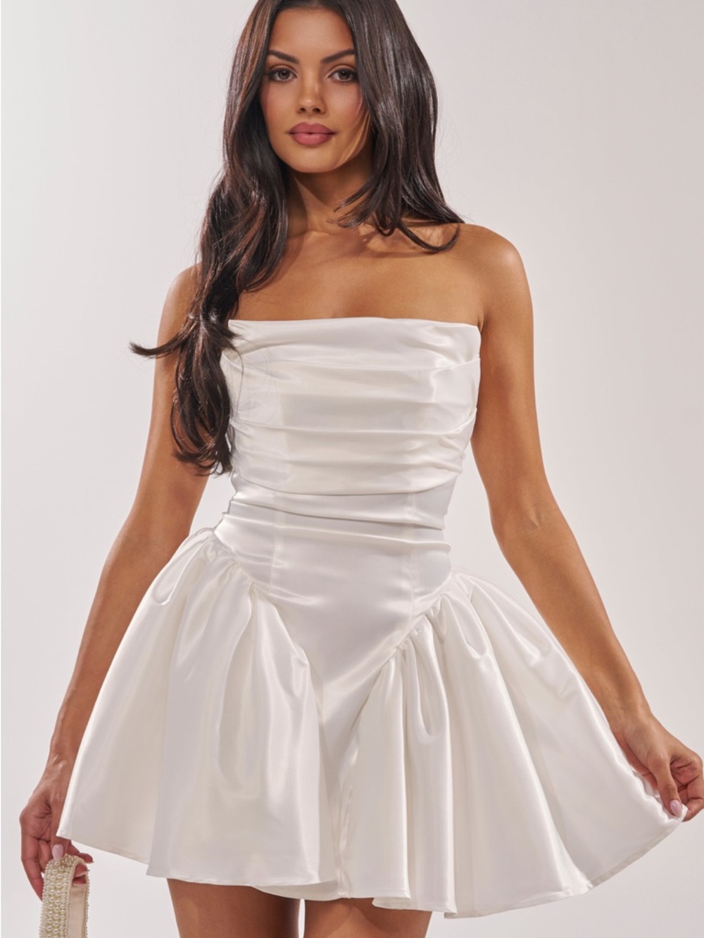 Strapless Satin Mini Dress in White